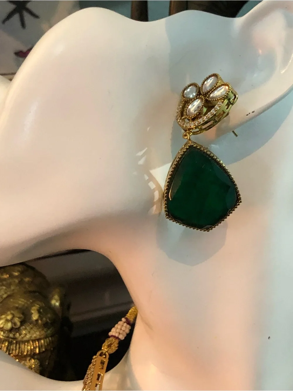 MIDEASTERN, EGYPTIAN Teardrop EMERALD Gold-Tone Necklace Pendant